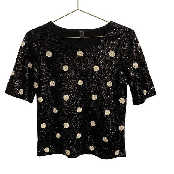 J CREW Short Sleeve Sequin Embellished Top T-Shirt Polka Dot Tee Black Small - Picture 2 of 8